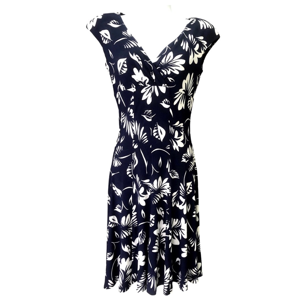 Lauren Ralph Lauren Floral Fit & Flare Knee Length Dress Navy White Stretch